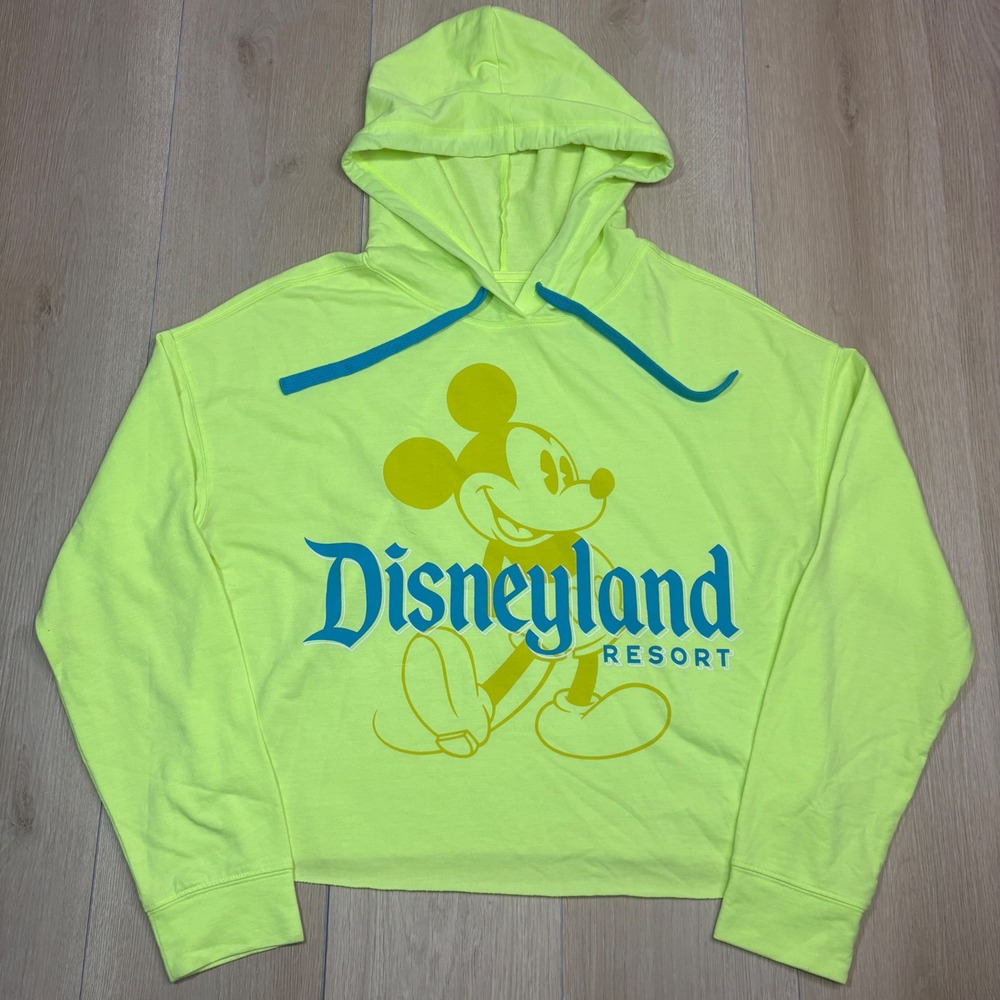 Disney Disneyland Resort Neon Lime Green Mickey Mouse Crop Top Hoodie Womens L